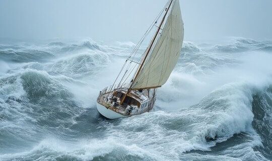 Segelboot kämpft sich durch hohe, schäumende Wellen im Sturm