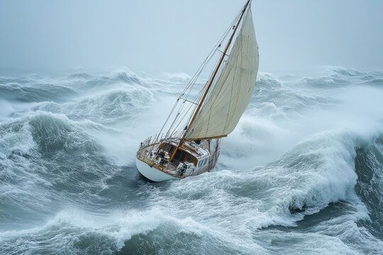 Segelboot kämpft sich durch hohe, schäumende Wellen im Sturm